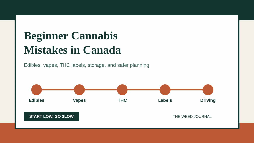 Illustrated checklist for avoiding beginner cannabis mistakes in Canada, including edibles, vapes, THC, labels, and driving