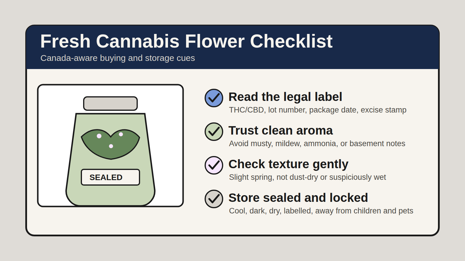 Checklist graphic for fresh cannabis flower in Canada with steps for label, aroma, texture, and storage checks