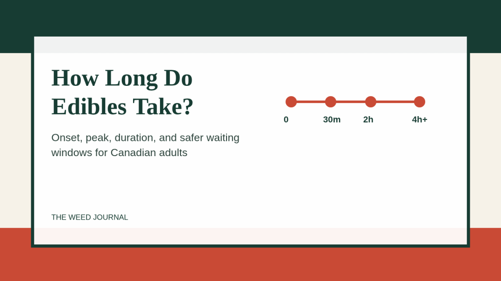 Graphic showing an edible cannabis timing line from 0 minutes to 4 hours plus