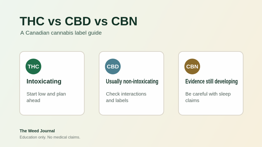 Editorial comparison cards for THC, CBD, and CBN on Canadian cannabis labels