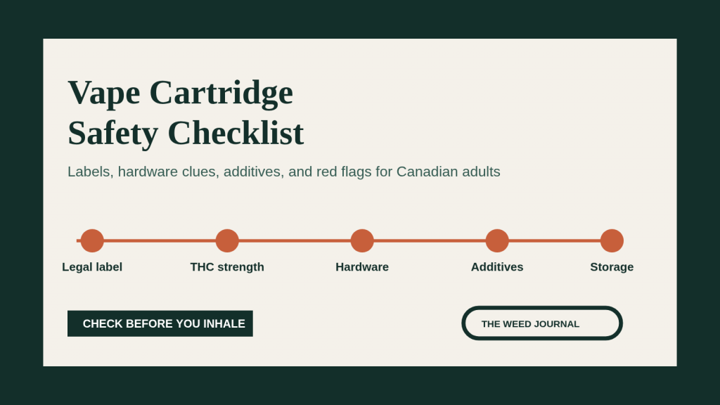 Graphic for a vape cartridge safety checklist with steps for legal label, THC strength, hardware, additives, and storage