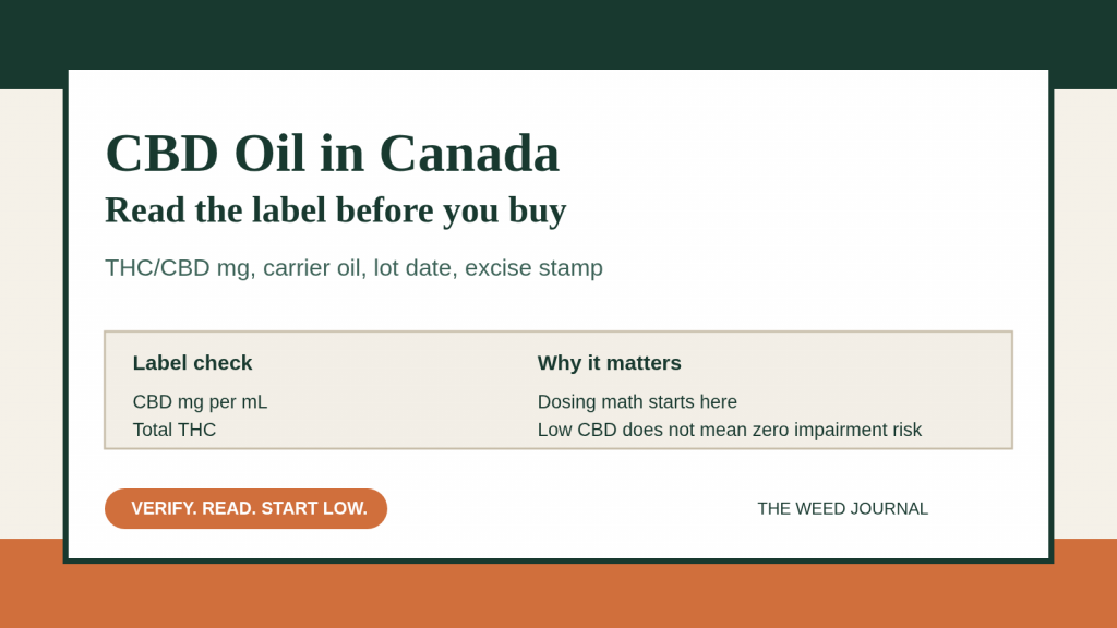 Editorial graphic for The Weed Journal showing CBD oil label checks in Canada