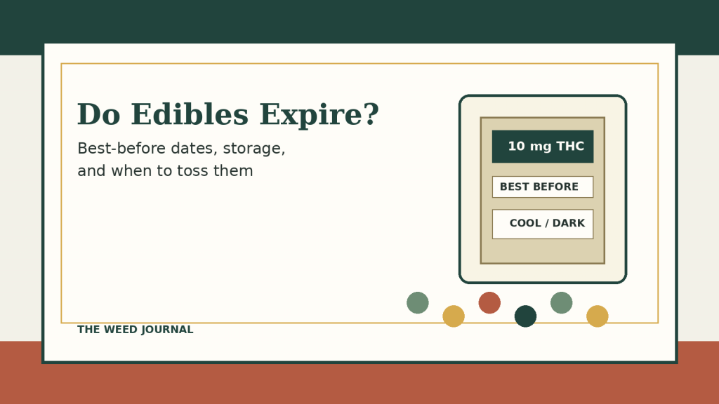 Editorial graphic showing a cannabis edible package with best-before and cool-dark storage labels
