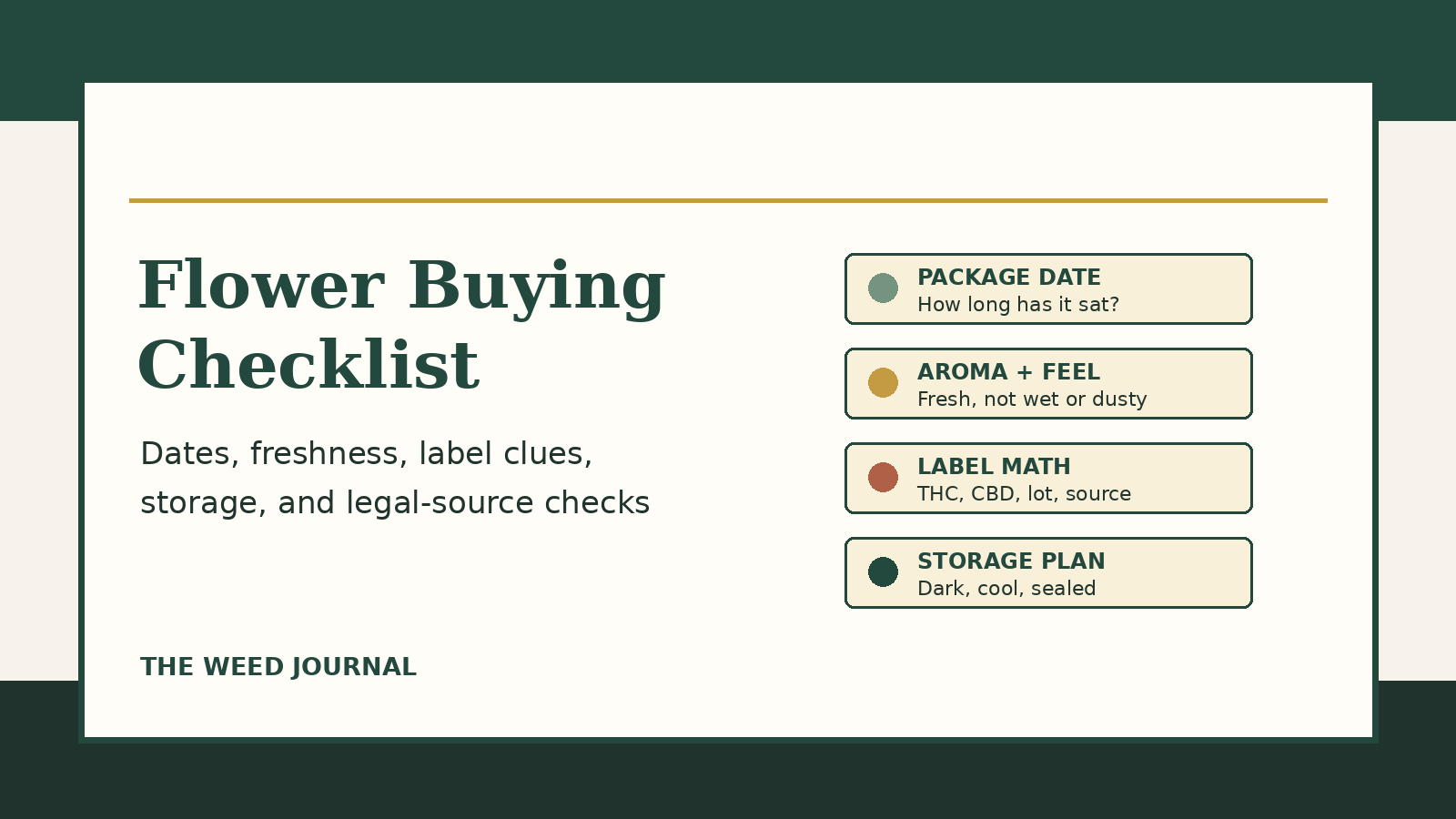 Editorial checklist graphic for buying cannabis flower in Canada, showing package date, aroma, label math, and storage checks