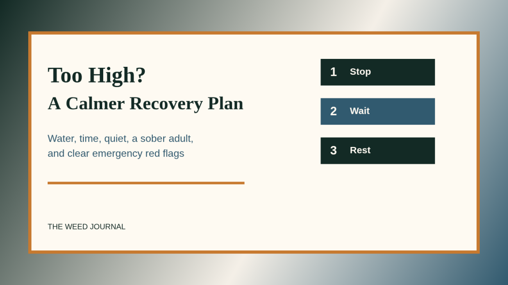 Editorial graphic titled Too High with a calmer recovery plan and three steps: stop, wait, rest