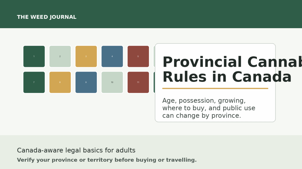 Editorial map-style graphic showing provincial cannabis rule differences in Canada