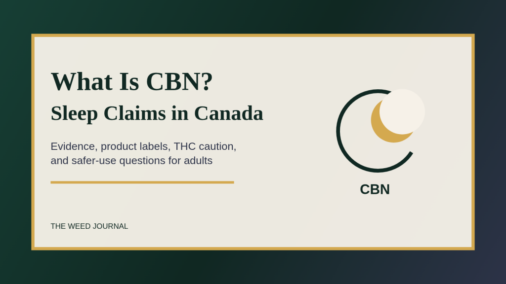 Editorial graphic reading What Is CBN? Sleep Claims in Canada with a moon icon and The Weed Journal branding