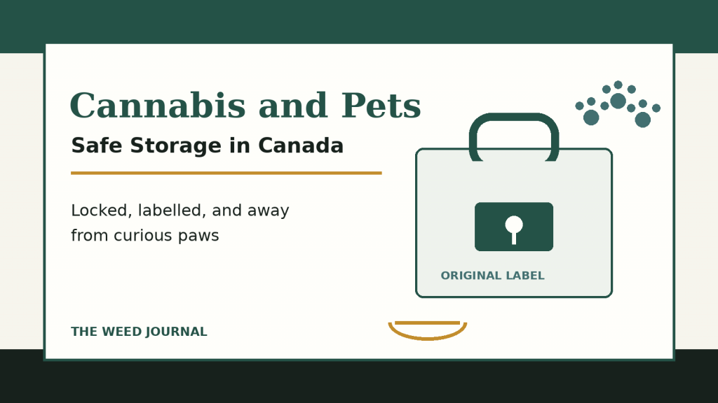 Illustration of a labelled cannabis lockbox beside a simple pet bowl, emphasizing safe storage away from pets.