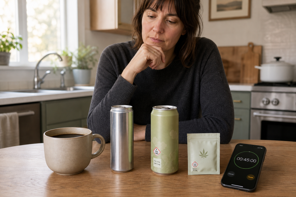 Adult at a kitchen table comparing coffee, an energy drink, a cannabis beverage, an edible package, and a phone timer.