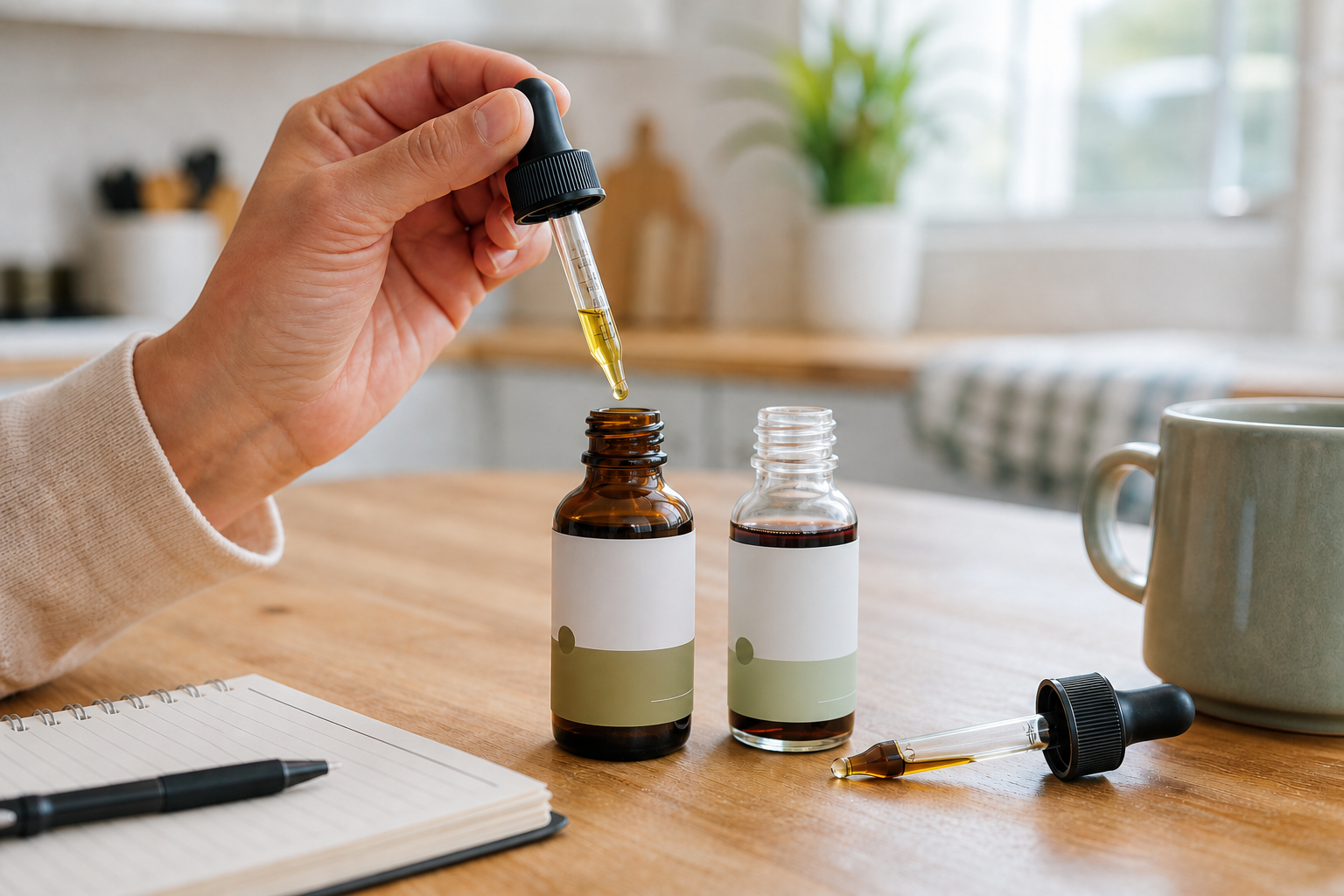 Cannabis oil and tincture-style dropper bottles with blank labels on a kitchen table