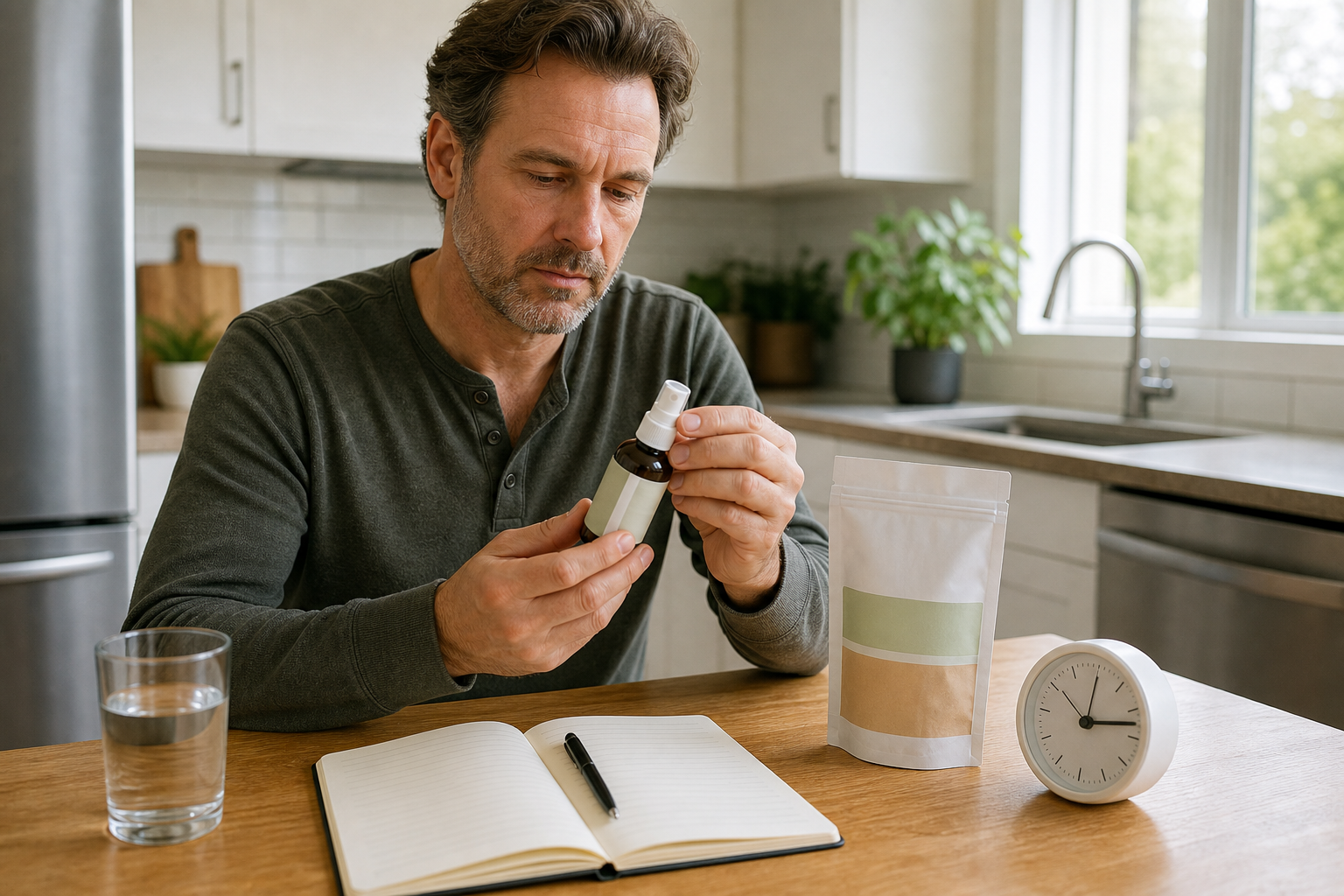 Cannabis oral spray bottle, blank legal label package, dosing notebook, clock, and water glass on a kitchen table