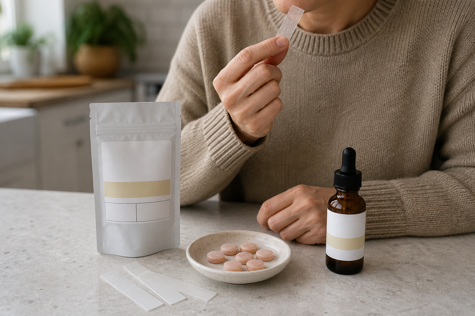 Adult comparing unbranded cannabis sublingual strips, lozenges, oil bottle, and THC CBD label panel