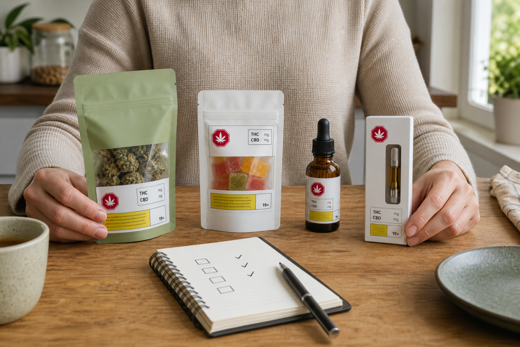 Legal cannabis product types arranged with THC and CBD label cues