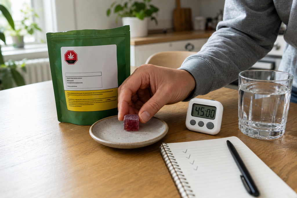 Low-dose cannabis edible package with a timer, water, and checklist
