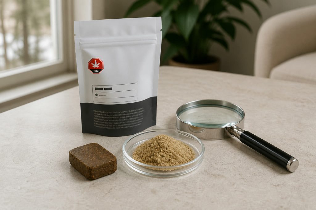 Pressed brown hash and golden kief beside a Canadian legal-style cannabis package and magnifying glass