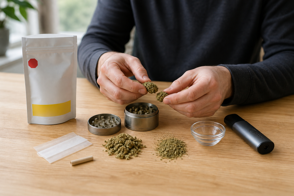 Adult preparing cannabis flower with a legal package, grinder, coarse and fine flower textures, rolling papers, bowl, and dry herb vape on a clean table