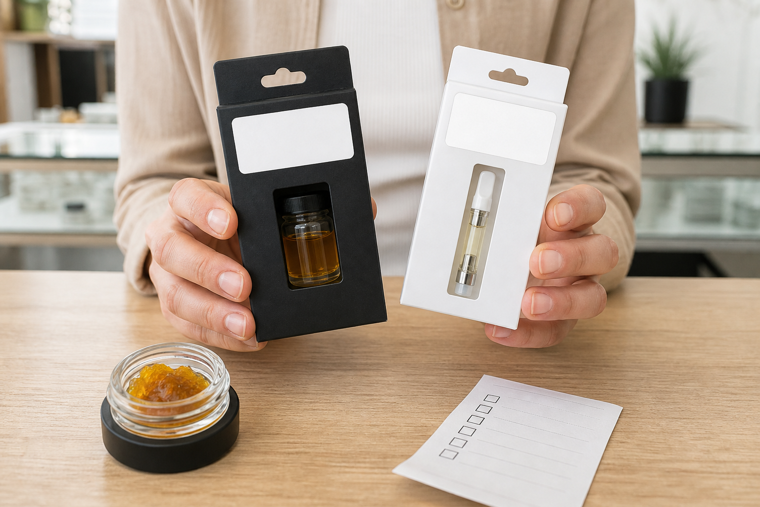 Adult comparing unbranded live resin concentrate and clear distillate cartridge packages beside a THC CBD label checklist