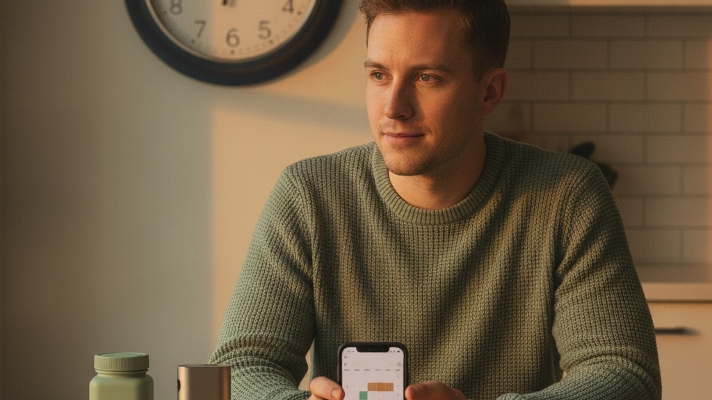 Adult planning an evening beside a clock, a sealed edible container, a dry-herb vaporizer, and a calendar.