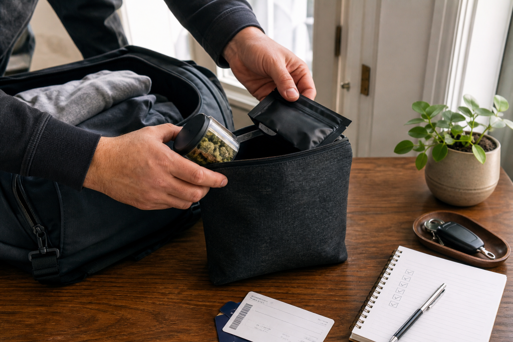 Adult placing a cannabis jar and sealed package into a smell-proof pouch beside a weekend bag, car keys, travel stub, and checklist.