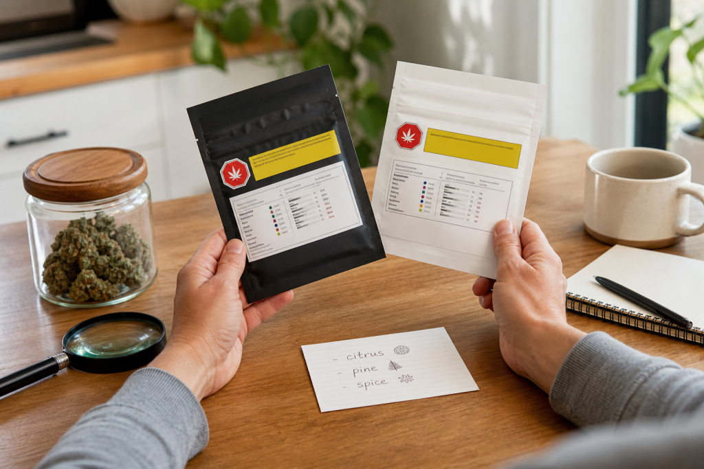 Cannabis packages with terpene panels, aroma notes, and a magnifying glass