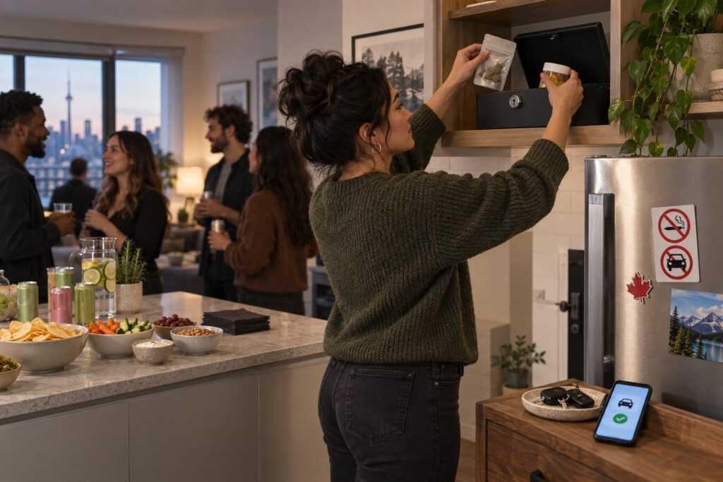 Adult host storing sealed cannabis products in a lockbox during a Canada apartment house party, with snacks, keys, ride-share phone, and no-smoking cues visible.