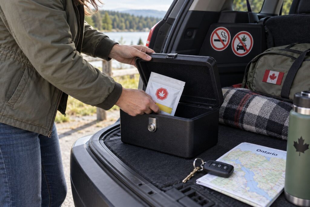 Adult placing a sealed cannabis package into a locked box in the trunk of a parked car beside keys and an Ontario map.