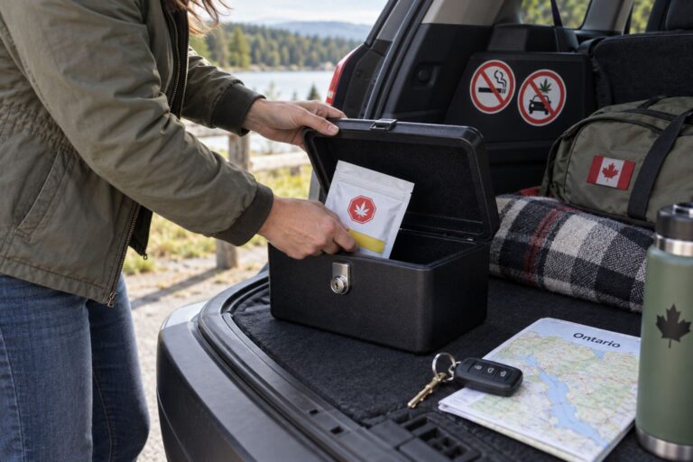 Adult placing a sealed cannabis package into a locked box in the trunk of a parked car beside keys and an Ontario map.