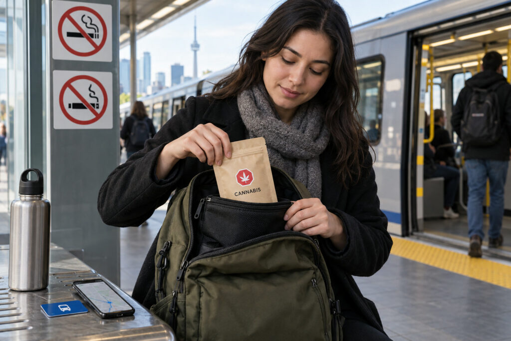 Adult transit rider placing a labelled legal cannabis package into a zippered pouch inside a backpack beside transit and no-smoking signs.