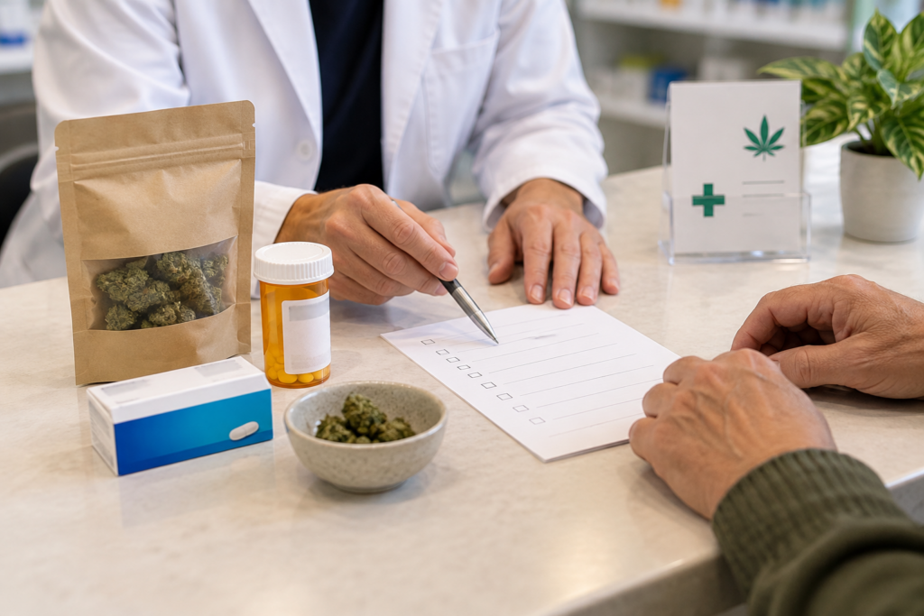 Pharmacist reviewing a medication checklist beside cannabis flower, a prescription bottle, and over-the-counter medicine.